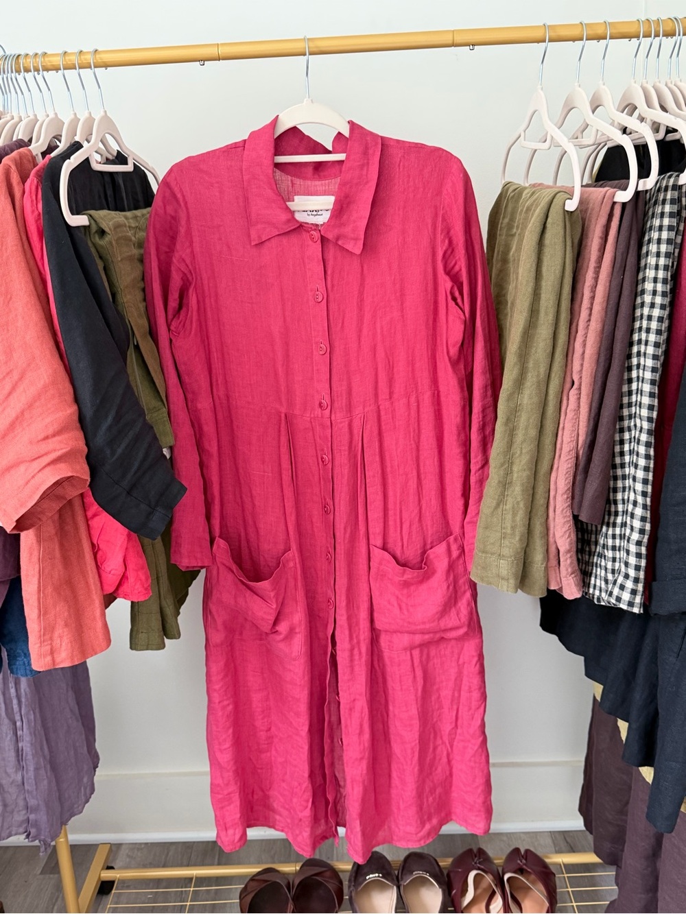 Women’s Fuchsia Button-Front Midi Dress with Pockets